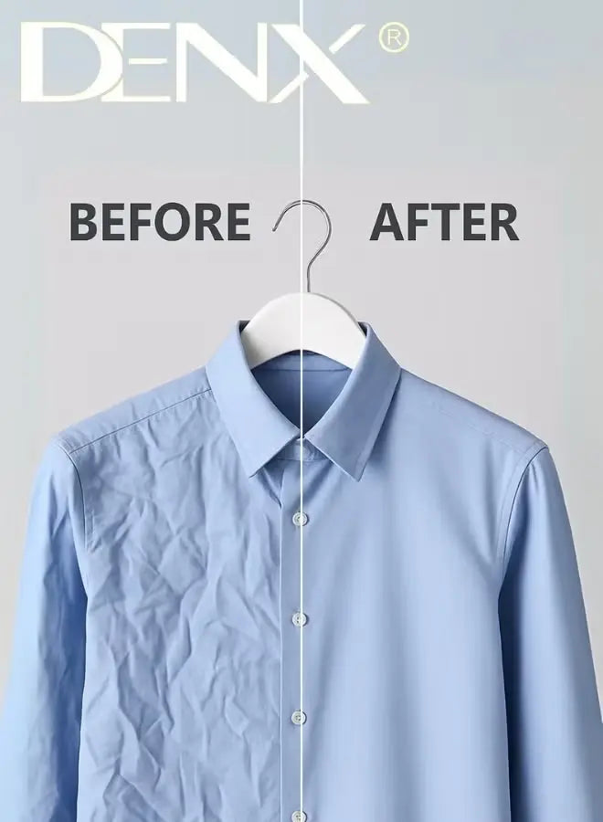 Before and after comparison of a blue shirt on a hanger with Denx branding.
