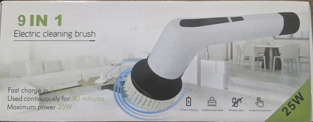 9-in-1 electric cleaning brush packaging with product image and features on a white background
