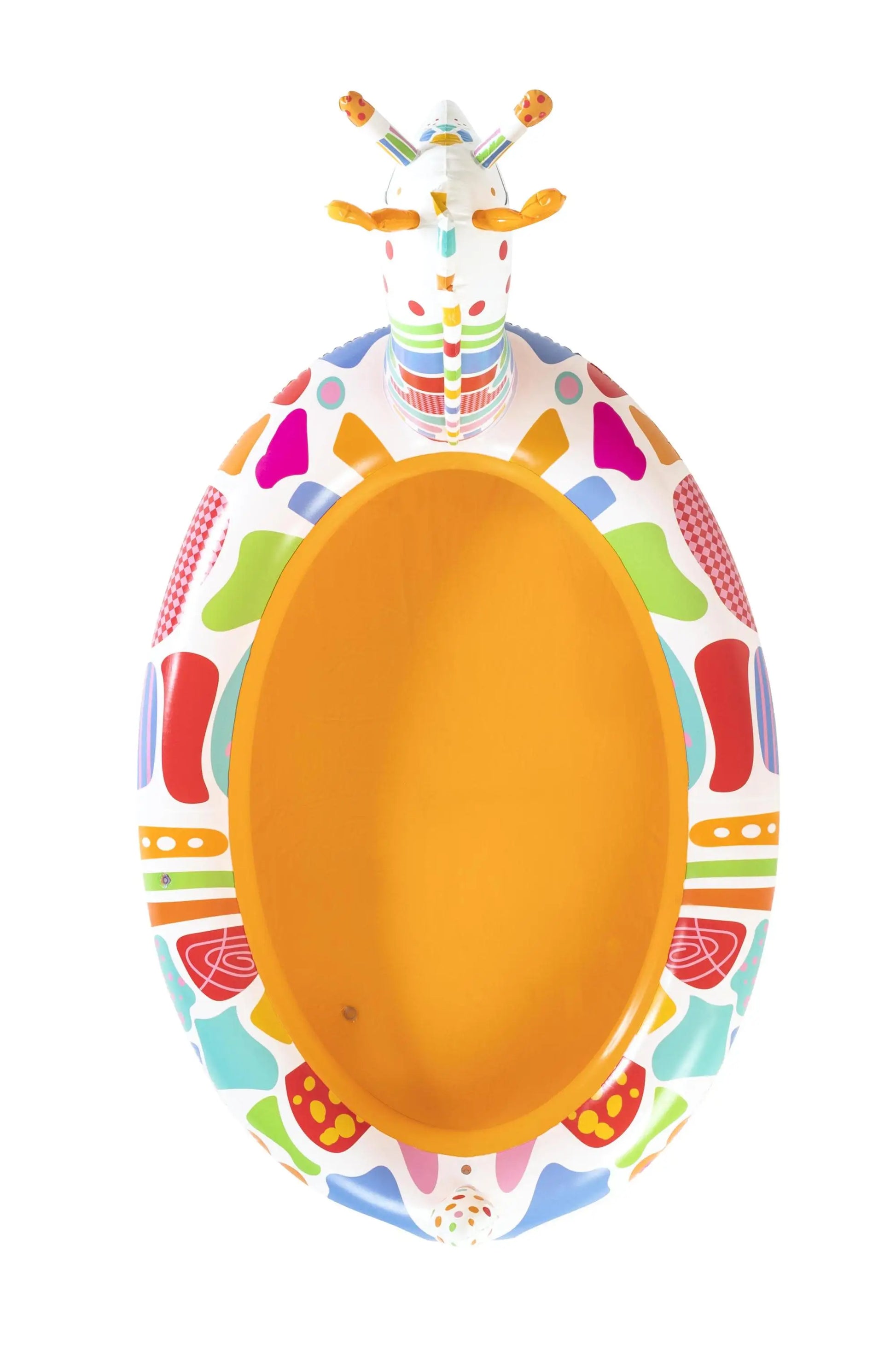 Colorful inflatable pool float with a giraffe-shaped cup holder on a white background