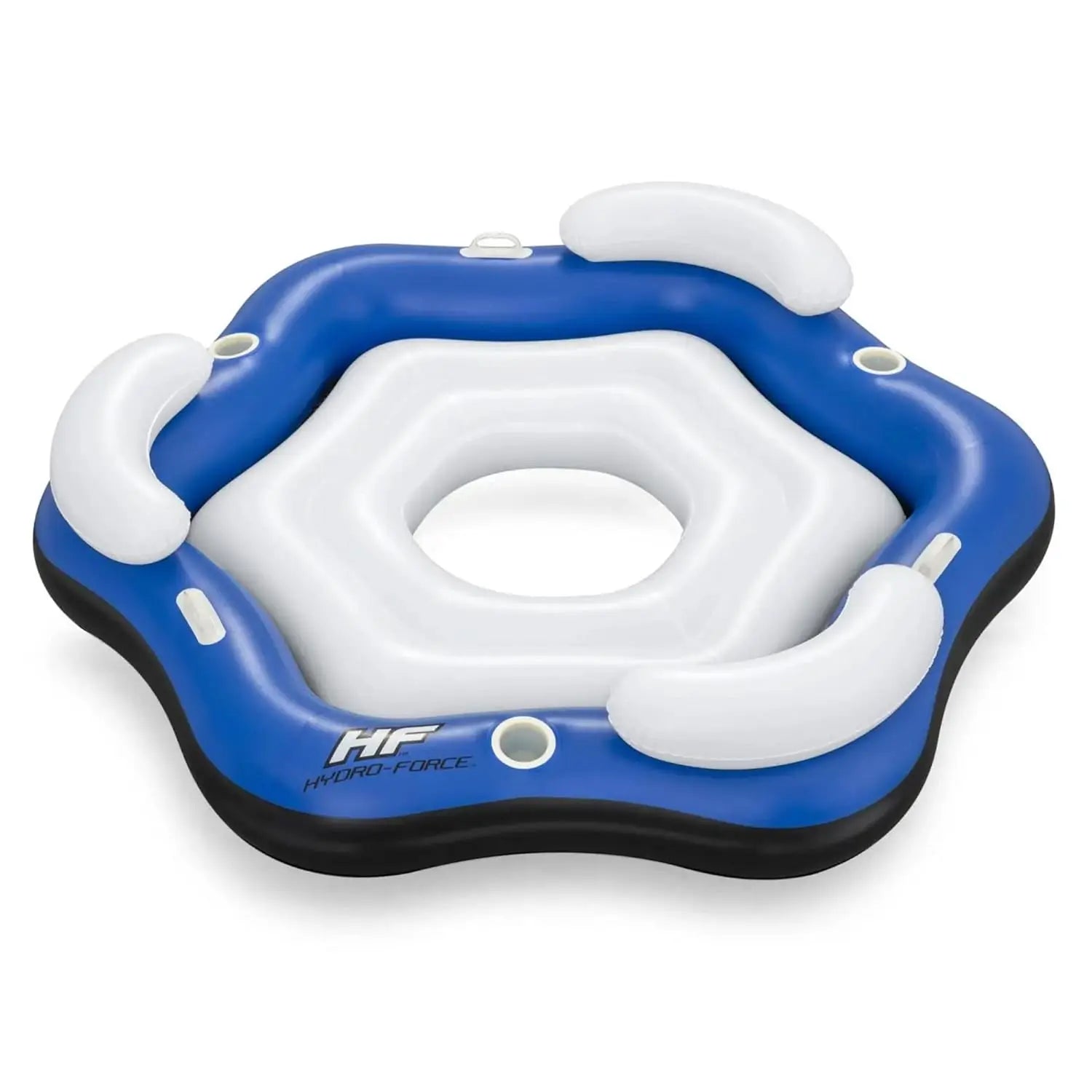 Inflatable pool float with blue and white design on a white background