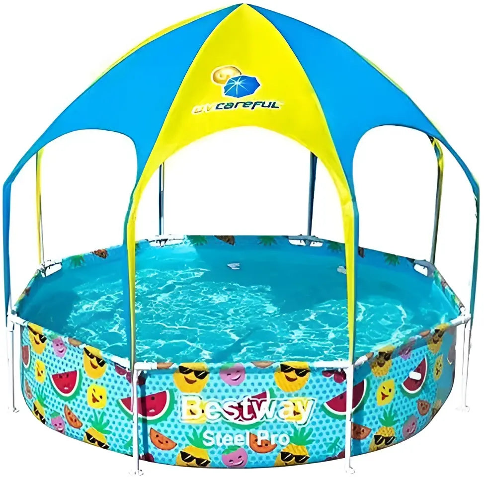 Children's pool with colorful canopy and fruit-themed design, featuring the Bestway brand.