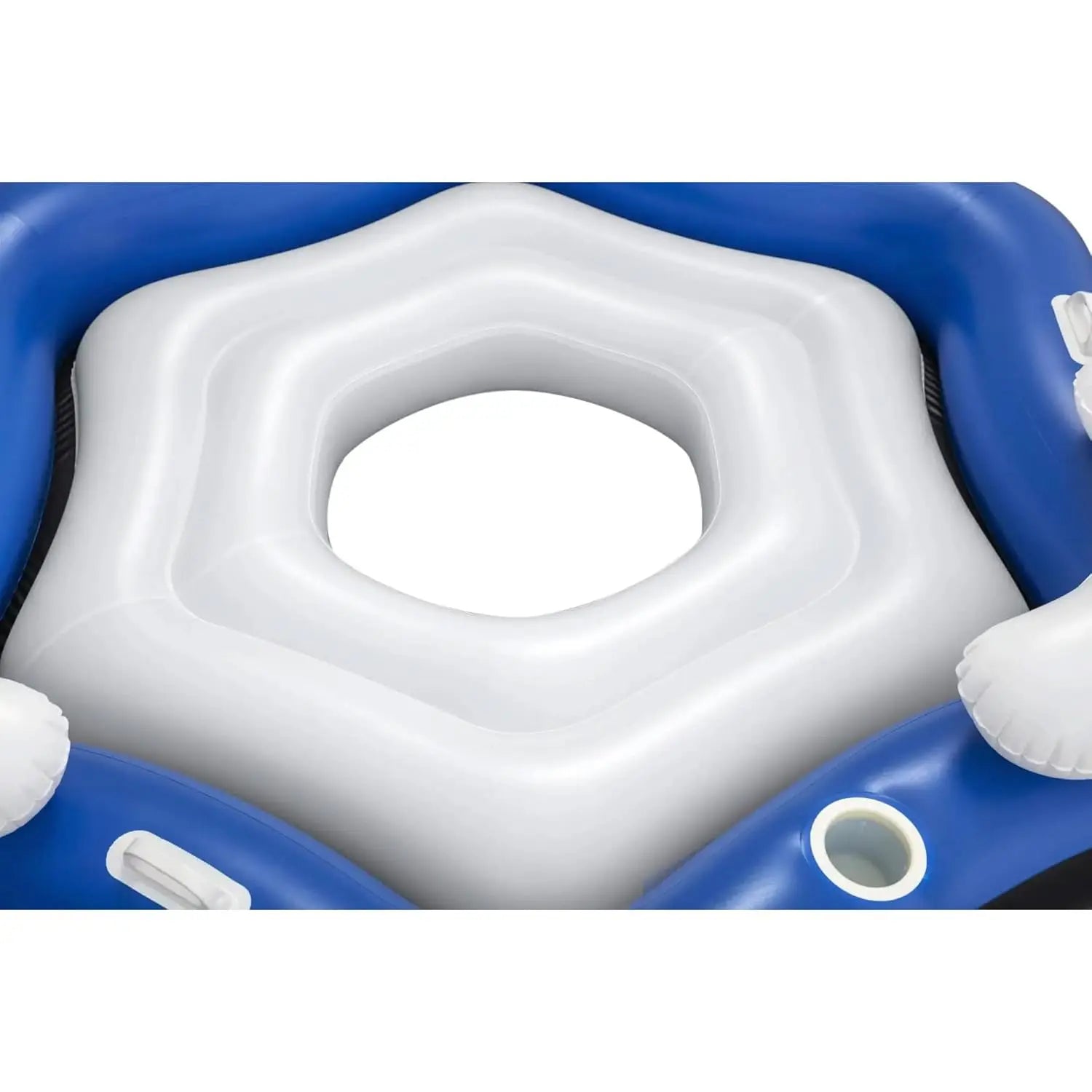 Close-up of an inflatable pool float with a blue and white design.