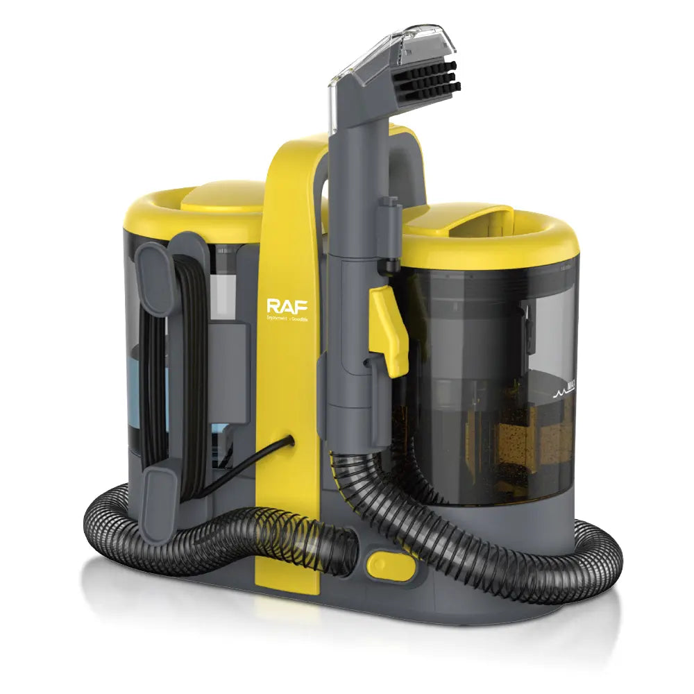 Yellow and gray vacuum cleaner with attachments on a white background