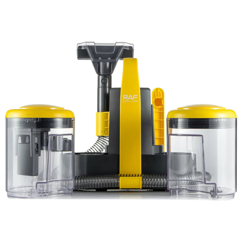 Cleaning device with yellow and black components on a white background