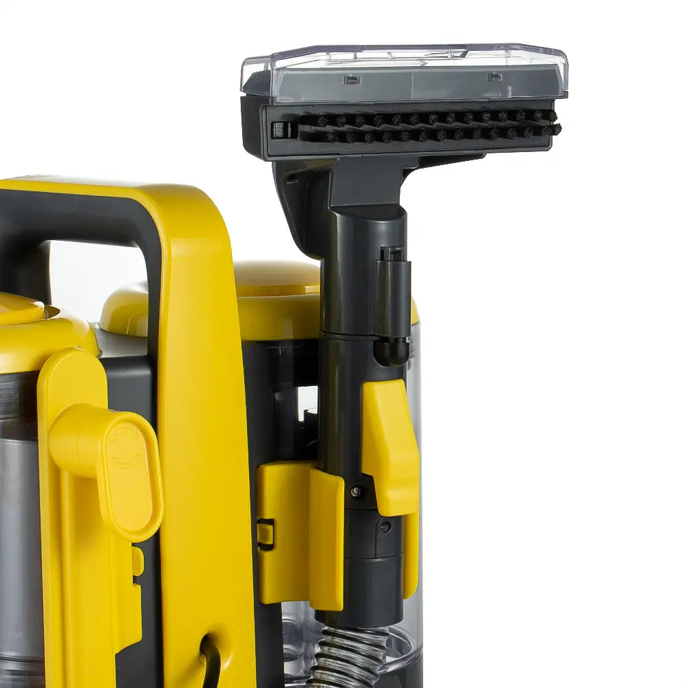 Yellow and black vacuum cleaner with a close-up of the brush head on a white background