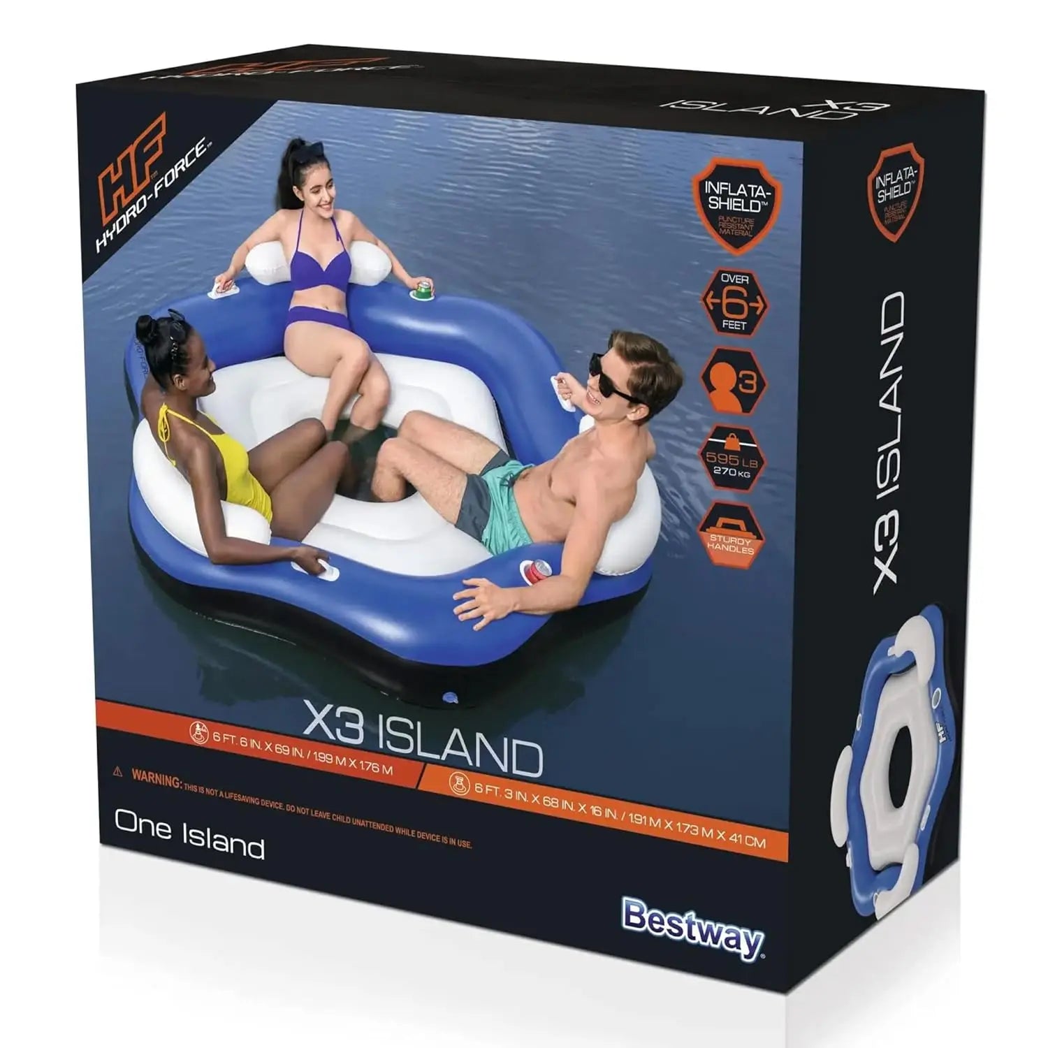 Box of Bestway X3 Island inflatable raft with people on it