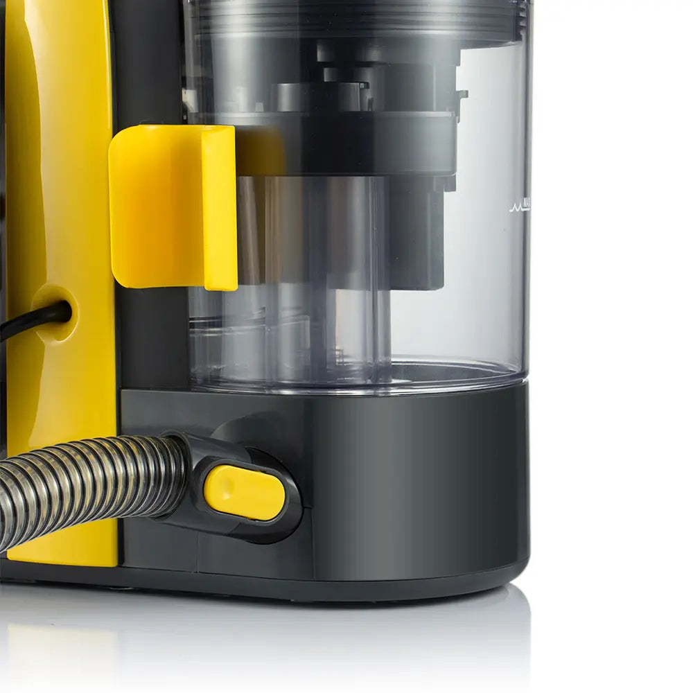 Close-up of a yellow and black vacuum cleaner with a clear dustbin on a white background