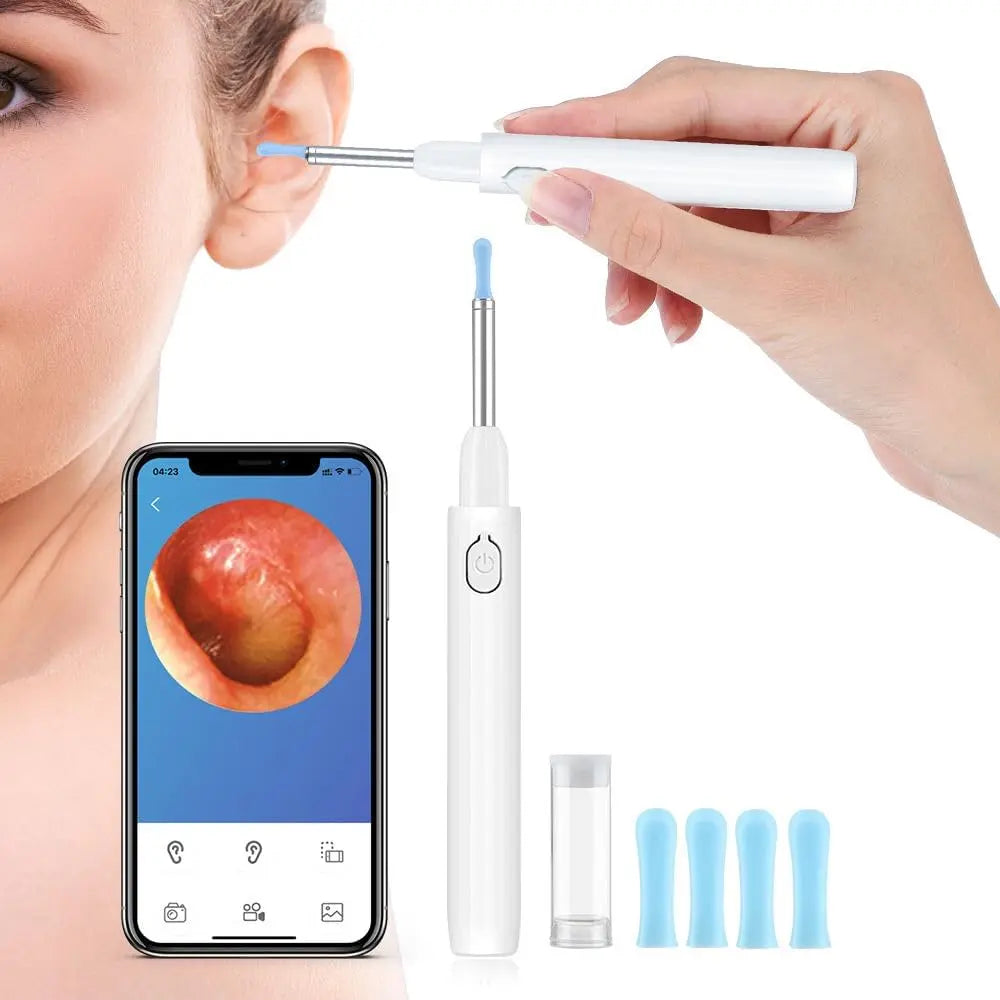 Ear cleaning tool with smartphone app displaying ear inspection, battery pack, and additional nozzles.