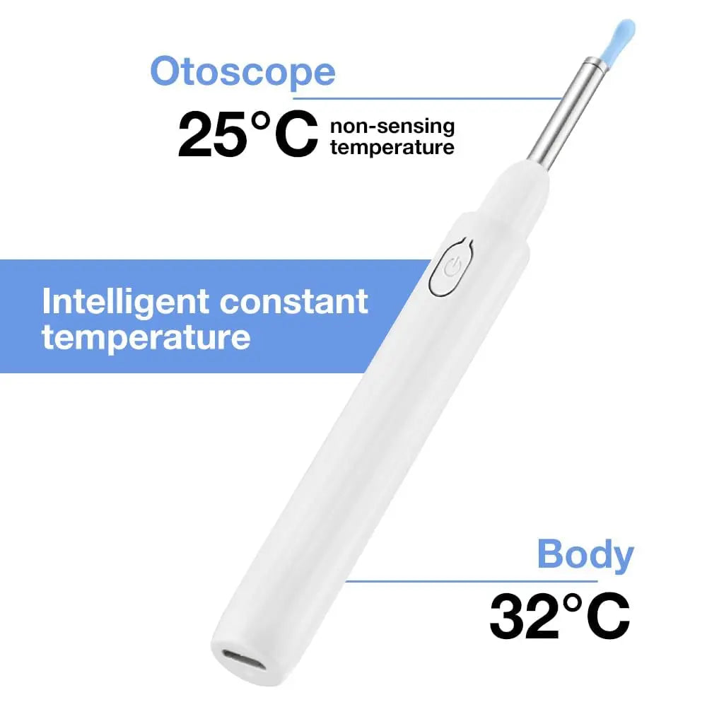 White otoscope with temperature display on a white background