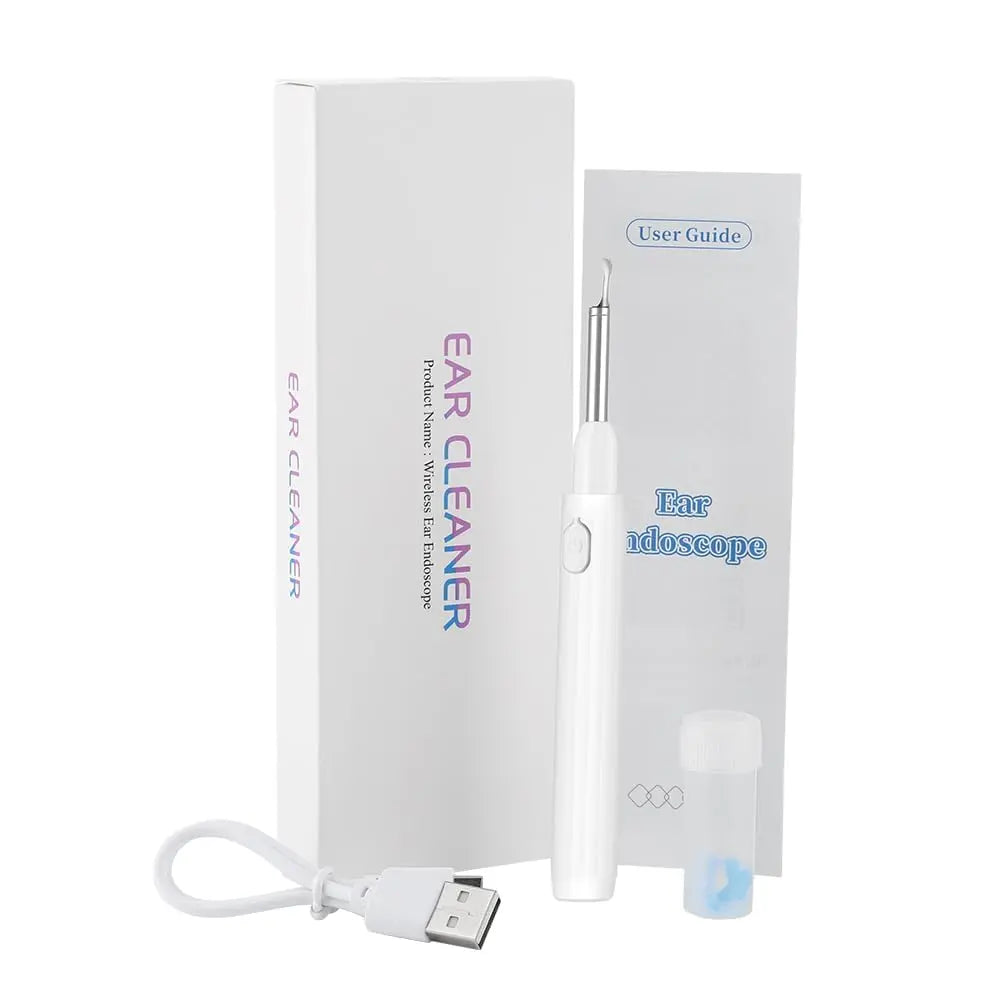 Ear cleaning device with packaging and user guide on a white background