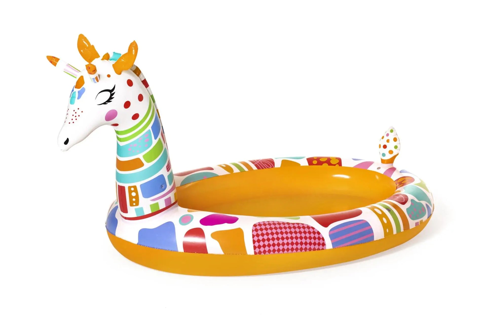 Colorful inflatable unicorn pool float on a white background