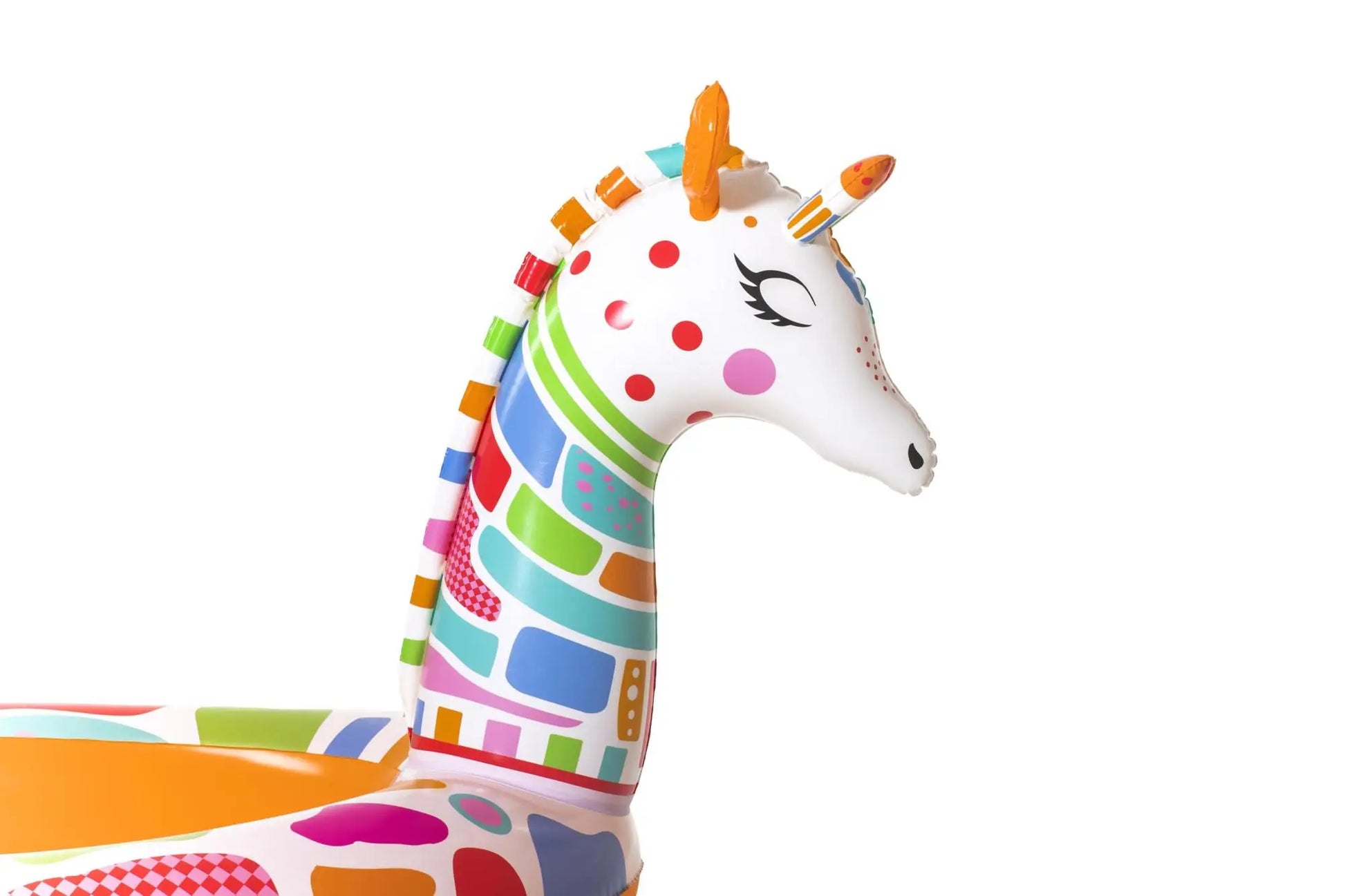Colorful inflatable unicorn pool toy on a white background